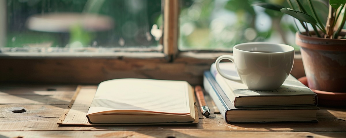 Afrikaans Lehrbücher als Stapel auf einem Schreibtisch