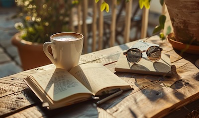 Café-Tisch in Kapstadt mit Reiseführer, Notizbuch und Kaffee – Symbol für Afrikaans lernen unterwegs