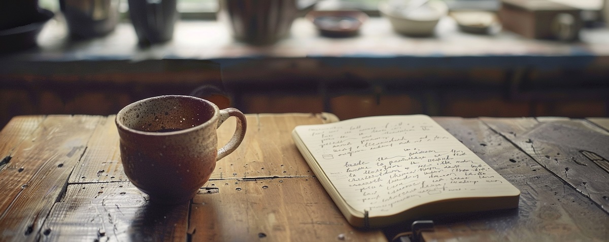 Notizzettel mit handgeschriebenen Afrikaans-Sätzen auf einem Café-Tisch in Südafrika