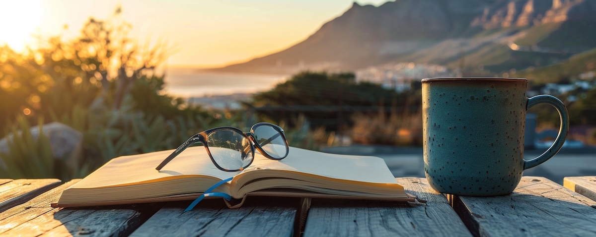 Aufgeschlagenes Notizbuch und Kaffeetasse mit Tafelberg im Hintergrund, Symbol für Afrikaans Wörter lernen