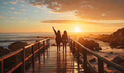 Freunde verabschieden sich am Meer in Suedafrika